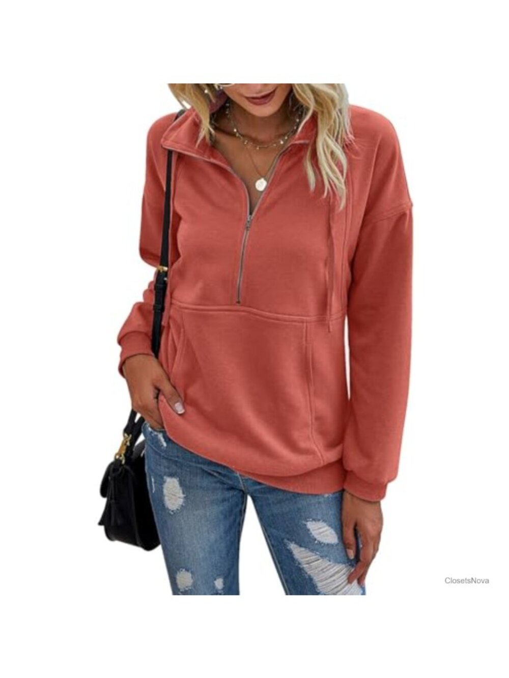 Half Zip Pullover Sweatshirt Long Sleeve Loose Fit Casual Top with Pocket